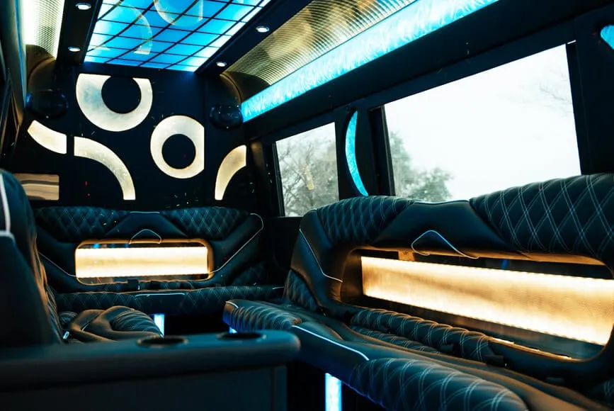 Interior of a stretch limousine with lighting and leather seats